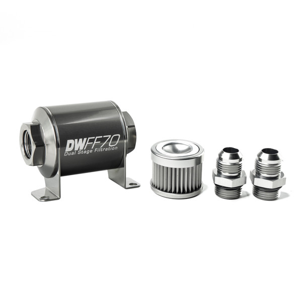 DeatschWerks Stainless Steel 10AN 10 Micron Universal Inline Fuel Filter Housing Kit (70mm) - 8-03-070-010K-10