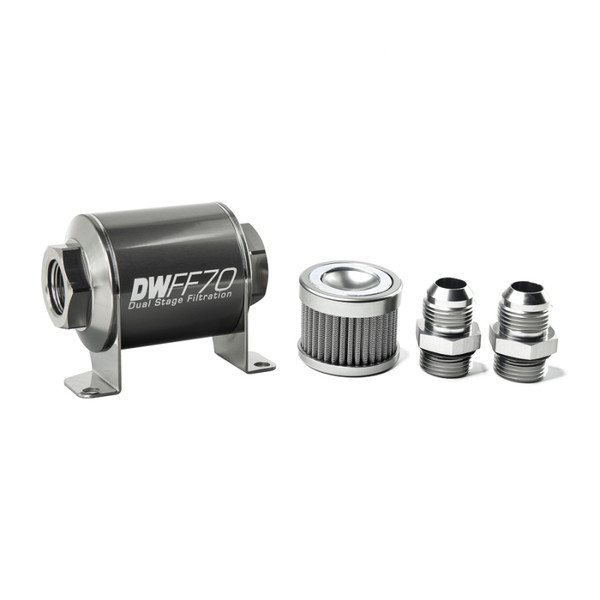 DeatschWerks Stainless Steel 10AN 100 Micron Universal Inline Fuel Filter Housing Kit (70mm) - 8-03-070-100K-10