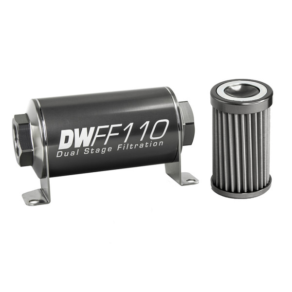 DeatschWerks Stainless Steel 8AN 40 Micron Universal Inline Fuel Filter Housing Kit (110mm) - 8-03-110-040K