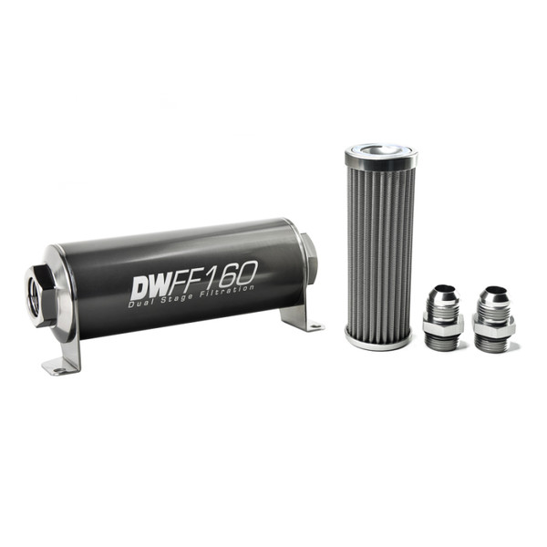 DeatschWerks Stainless Steel 10AN 100 Micron Universal Inline Fuel Filter Housing Kit (160mm) - 8-03-160-100K-10
