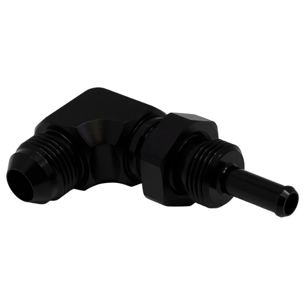 DeatschWerks 8AN Male Flare to 5/16in Male Barb Bulkhead Adapter 90-Degree - Anodized Matte Black - 6-02-0713-B