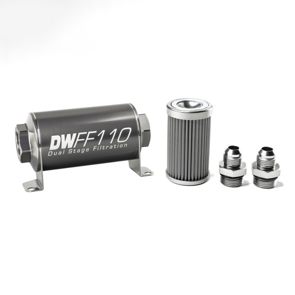 DeatschWerks Stainless Steel 8AN 100 Micron Universal Inline Fuel Filter Housing Kit (110mm) - 8-03-110-100K-8