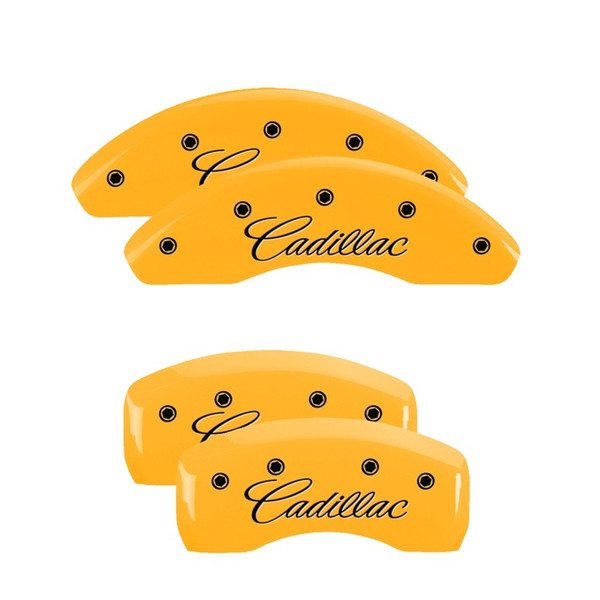 MGP 4 Caliper Covers Engraved Front & Rear Cursive/Cadillac Yellow finish black ch - 35021SCADYL