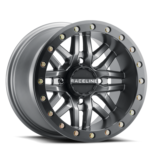 Raceline A91G Ryno 14x7in/4x137 BP/10mm Offset/110.18mm Bore - Gunmetal & Black Ring Beadlock Wheel - A91G-47037-52