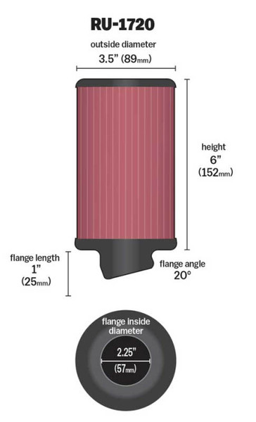 K&N Filter Universal Rubber Round Air Filter 20 Deg Flange Angle 2.25in Flange ID x 3.5in OD x 6in H - RU-1720