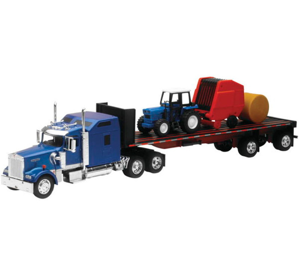 New Ray Toys Kenworth W900 with Flatbed, Tractor and Round Haybales/ Scale - 1:32 - SS-10353E