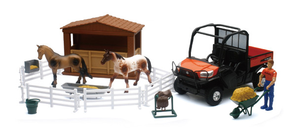 New Ray Toys Kubota RTV-X1120D Playset with Figurine, Barn and Horses/ Scale - 1:18 - SS-33343