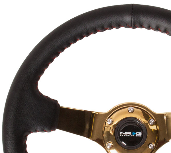 NRG Reinforced Steering Wheel (350mm / 3in. Deep) Blk Leather/Red BBall Stitch w/4mm Gold Spokes - RST-036GD