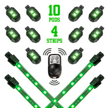 XK Glow Strips Single Color XKGLOW LED Accent Light Motorcycle Kit Green - 10xPod + 4x8In - XK034002-G