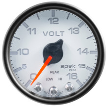 Autometer Spek-Pro Gauge Voltmeter 2 1/16in 16V Stepper Motor W/Peak & Warn Wht/Blk - P34412