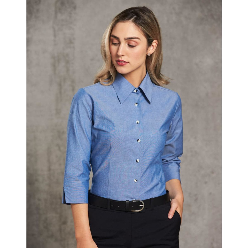 Ladies' wrinkle free chambray shirt 3/4 sleeve