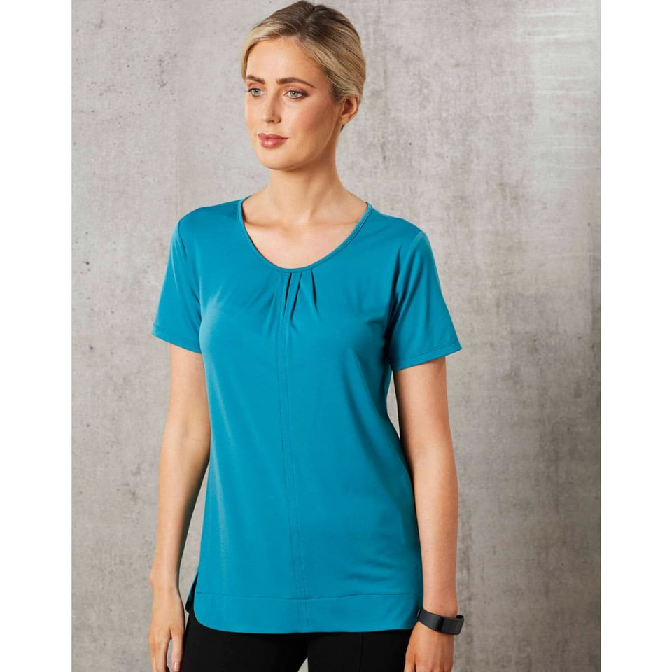 Ladies' Round Neck with Pleats S/S Knit Top