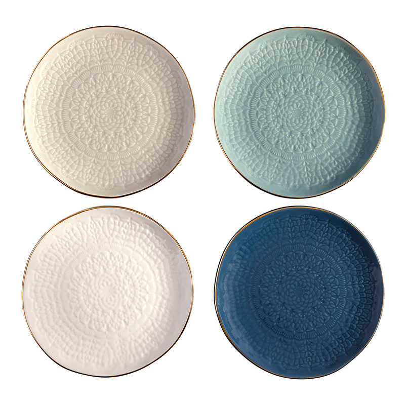 Blue Gold Rim Stamped Plates - Set of 4 - [Consumer]Santa Barbara