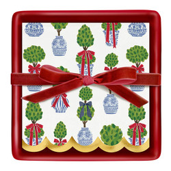Ceramic Napkin Tray + Napkins - Holiday Topiaries