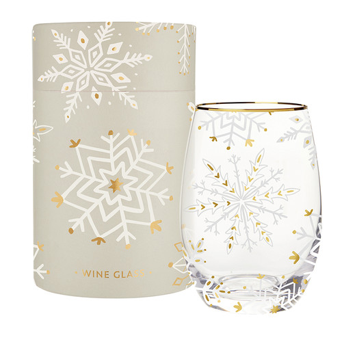 Gold Foil Stemless Wine Glass - Snowflakes