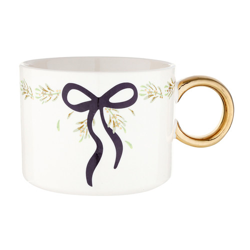 Ceramic Mug with Gold Circle Handle - Purple Bow