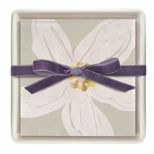 Ceramic Napkin Tray + Napkins - Beige Flowers