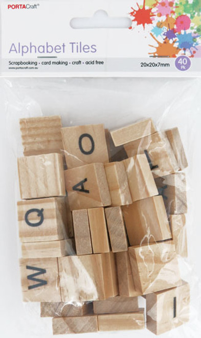 Wooden Alphabet Tiles 20x20x7mm 40 Pack (Product # 167649)