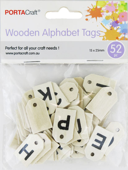 Wooden Tags Alphabet 15x25mm 52 Pack (Product # 192726)