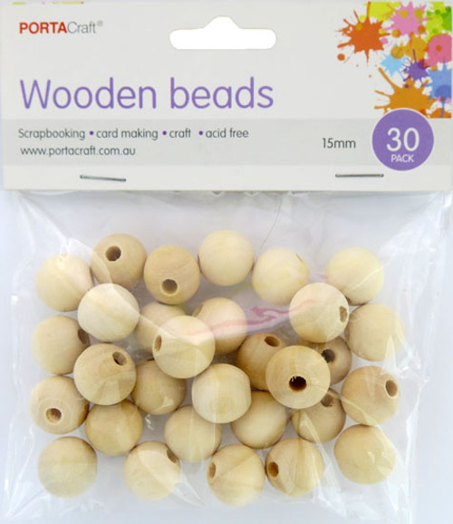 Beads Wooden  15mm 30pk Round Natural (Product # 162484)