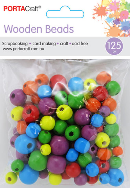 Beads Wooden Assorted Sizes 125pc Round Multicolour (Product # 180020)