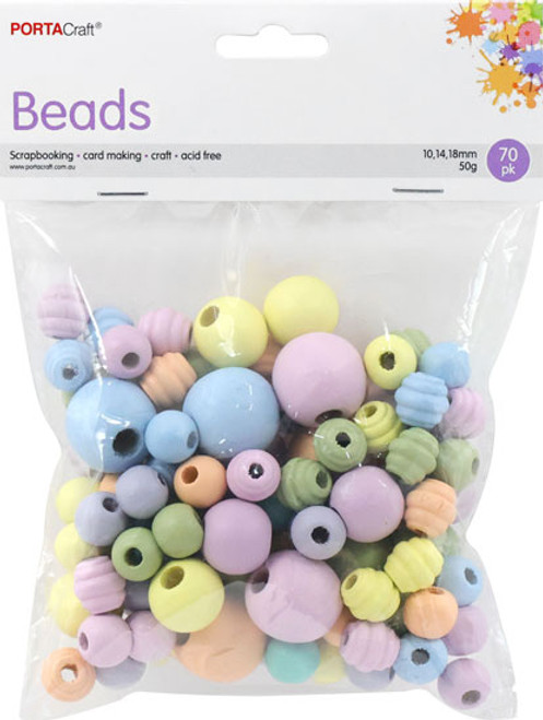 Beads Wooden  10,14,18mm 70pk Assorted Shapes Pastels (Product # 176993)