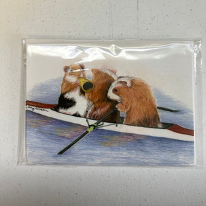 Greeting cards with original artwork depicting guinea pigs rowing a coxed pair.