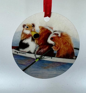 Rowing holiday ornament featuring original art with rowing guinea pigs in coxed pair Rowing holiday ornament featuring original art with rowing guinea pigs in coxed pair