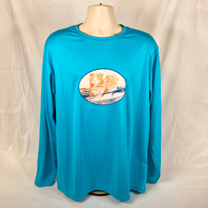 Long sleeve performance fabric tee with rowing guinea pigs in a double scull, turquoise blue Long sleeve performance fabric tee with rowing guinea pigs in a double scull, turquoise blue