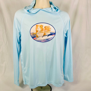 Light blue performance fabric hoodie featuring guinea pigs rowing in a double scull Light blue performance fabric hoodie featuring guinea pigs rowing in a double scull
