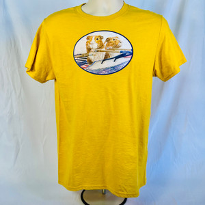 Mustard yellow crew neck tee with guinea pigs rowing a double scull Mustard yellow crew neck tee with guinea pigs rowing a double scull