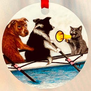 rowing holiday ornament featuring original art of cat coxing crew team of dogs rowing holiday ornament featuring original art of cat coxing crew team of dogs
