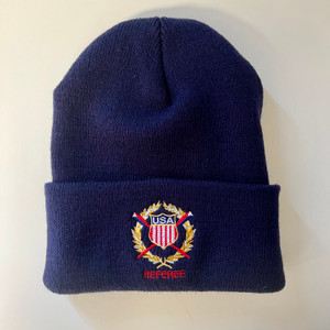 Rowing Referee cuffed knit beanie hat. Navy blue embroidered with USRowing Referee crest. Rowing Referee cuffed knit beanie hat. Navy blue embroidered with USRowing Referee crest.