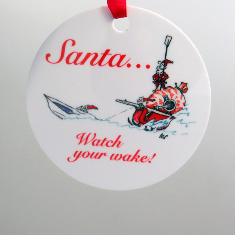 Ornament - Santa watch wake, rowing Santa cartoon, Santa motor boat