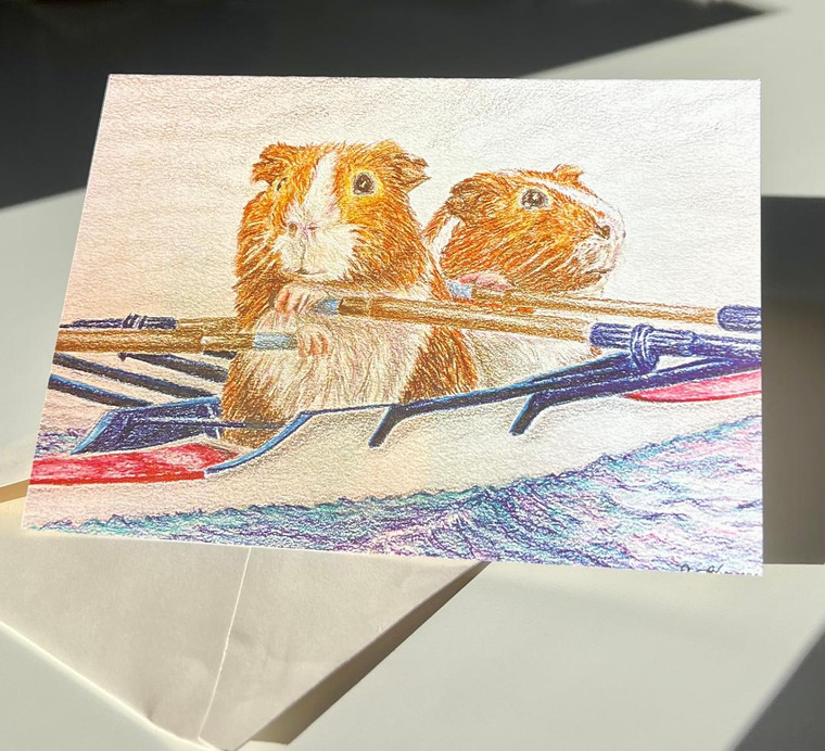 Greeting card with original artwork depicting guinea pigs rowing a double scull.