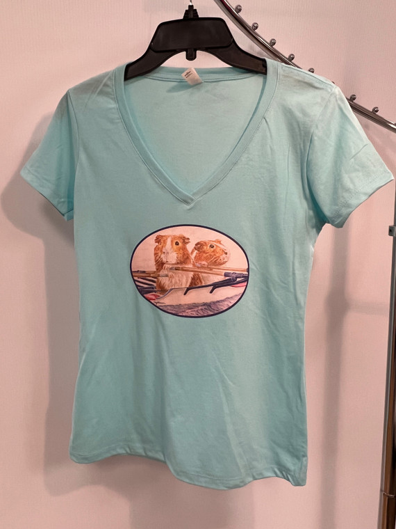 Cancun blue colored rowing themed t-shirt, depicting guinea pigs sculling a double.