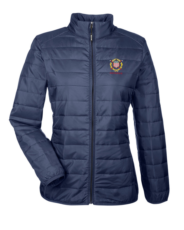 Ladies Packable puffer jacket in navy with USRowing referee logo front