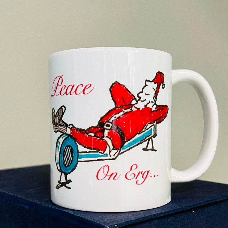 Peace on Erg rowing Santa coffee mug Santa rowing machine