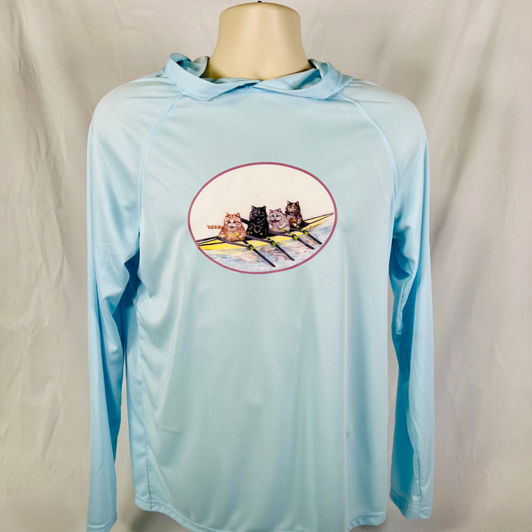 Lightweight performance hoodie in blue with art by Amy Cocanour of cats rowing a quadruple scull