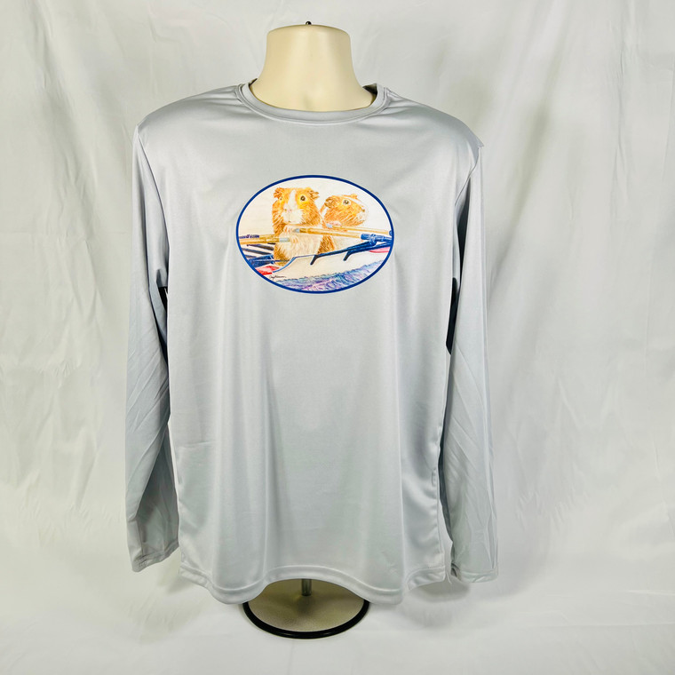 Long sleeve performance fabric tee with rowing guinea pigs in a double scull, light silver grey