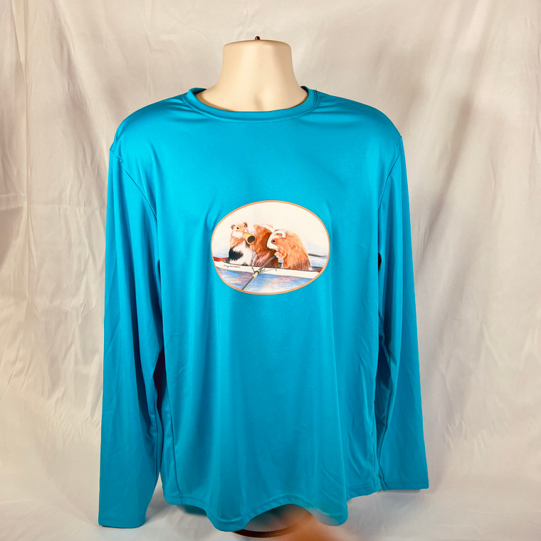 Performance fabric long sleeve tee with cats rowing a coxed pair in turquoise blue