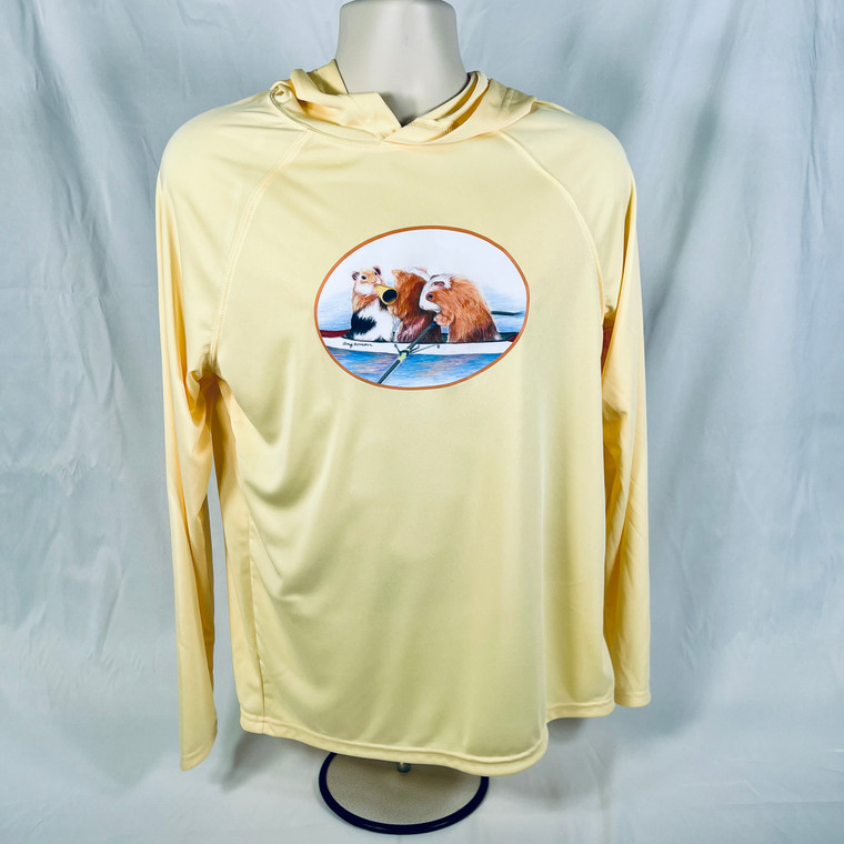 Light yellow performance fabric long sleeve tee with rowing guinea pigs in coxed pair
