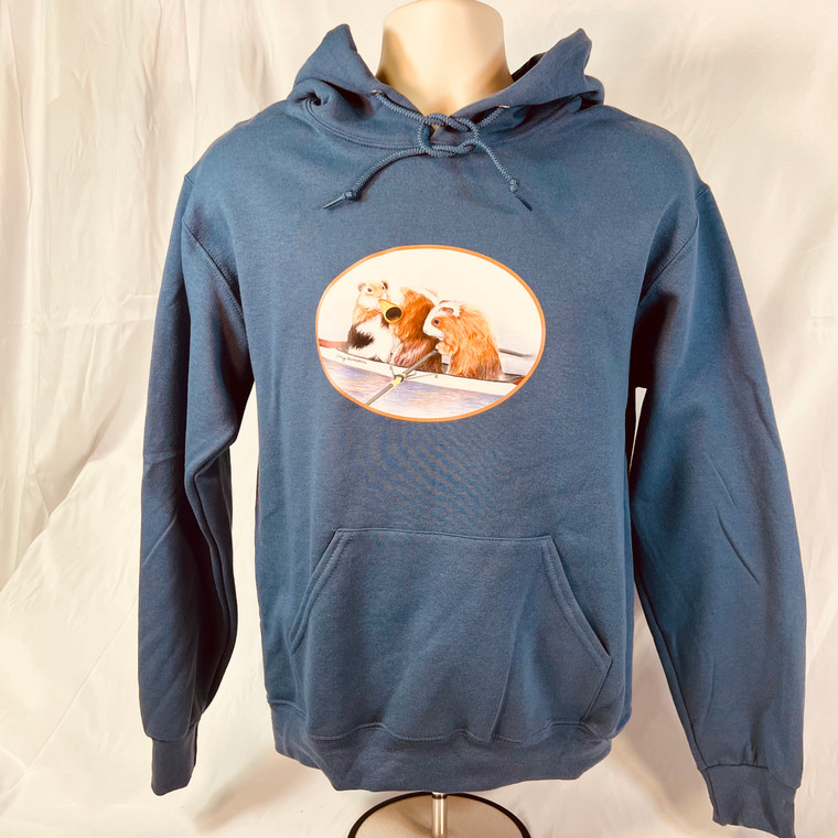 Smoke blue hoodie with guinea pigs rowing a coxed pair