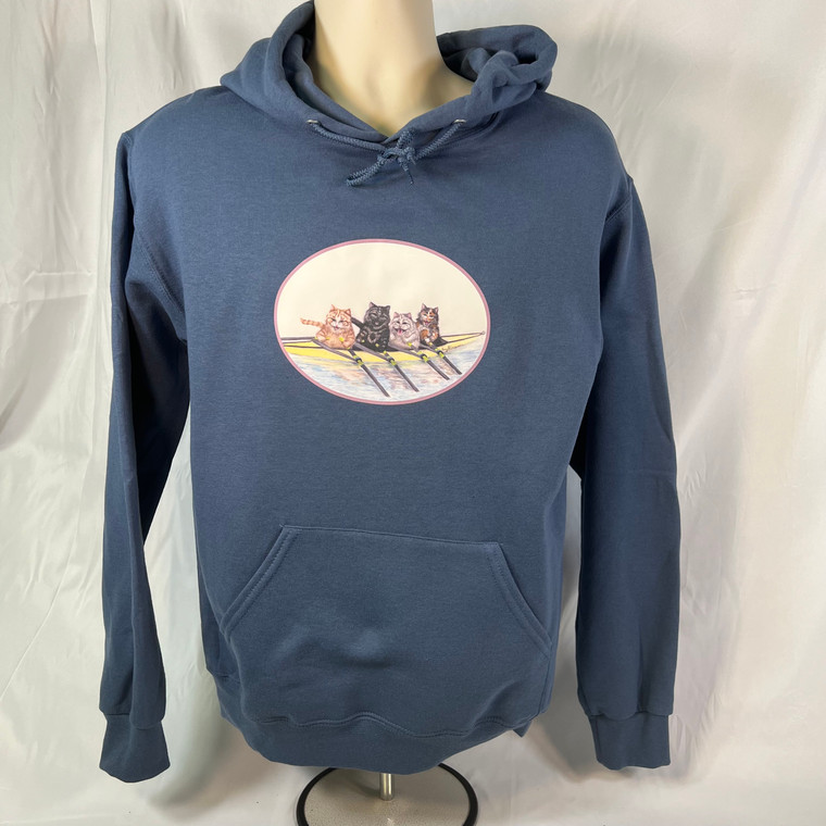 Smoke blue hoodie with cats rowing a quadruple scull