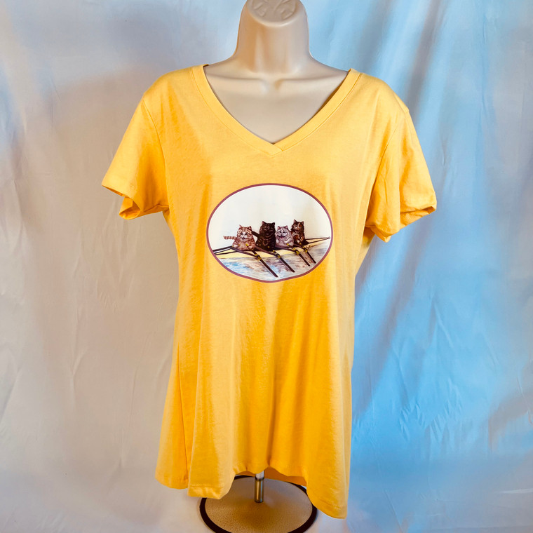 Banana cream yellow v-neck tee with cats rowing a quadruple scull