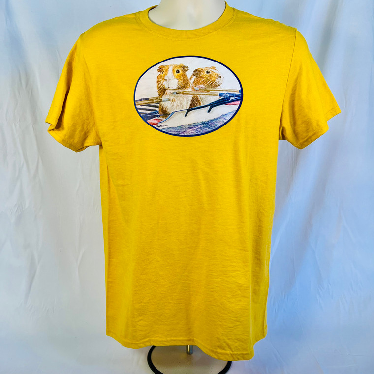 Mustard yellow crew neck tee with guinea pigs rowing a double scull