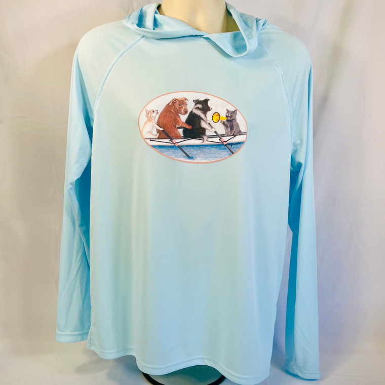 Light blue performance hoodie with image of a cat coxing dogs rowing a boat