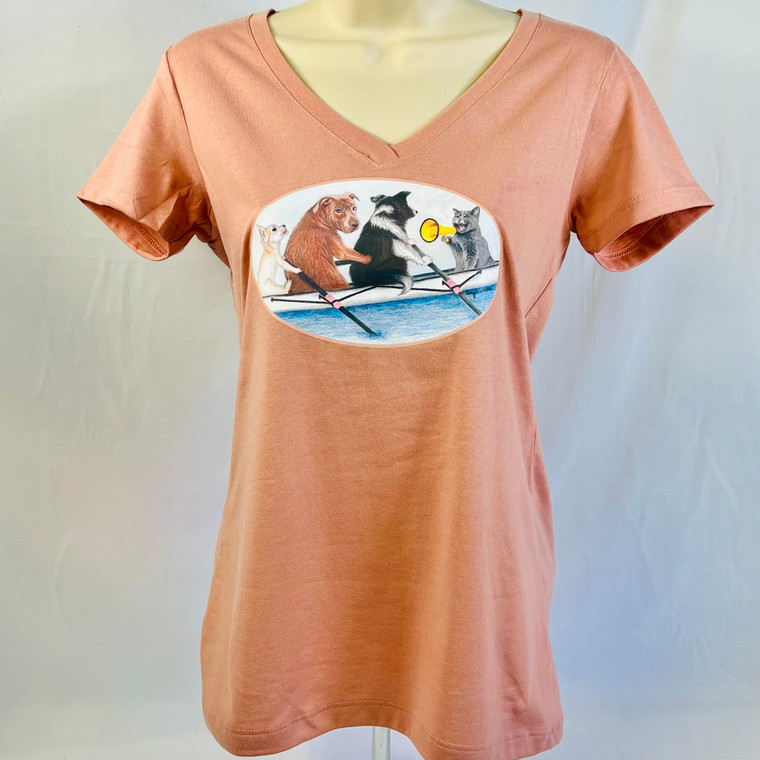V neck tee shirt with image of cat and dogs rowing a boat