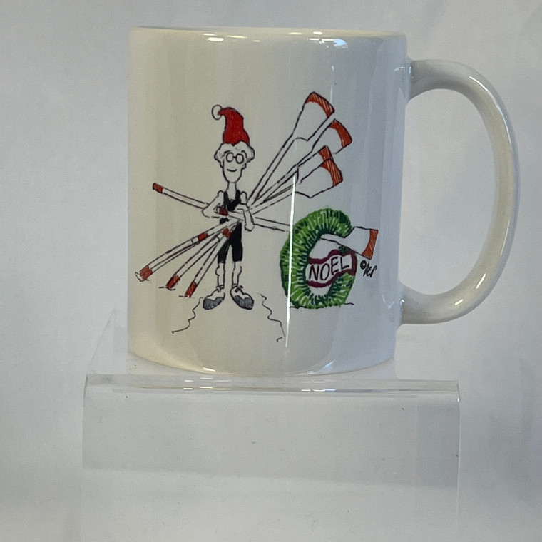 Ceramic coffee mug featuring original rowing art of an elf with rowing oars and wreath