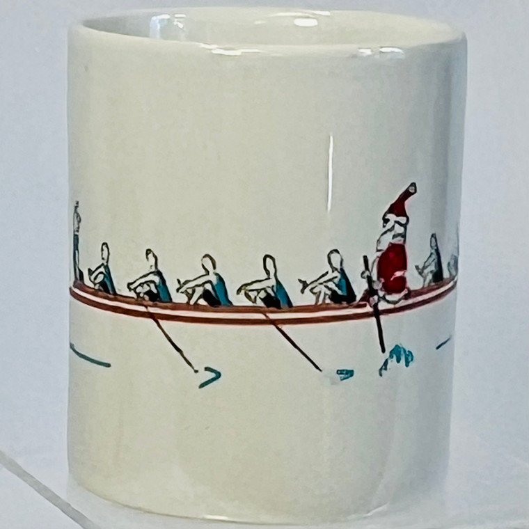 Ceramic coffee mug with original art cartoon of Santa rowing in a crew boat